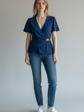 Michael Kors Navy Wrap Peplum Top with Buckle Detail NWT